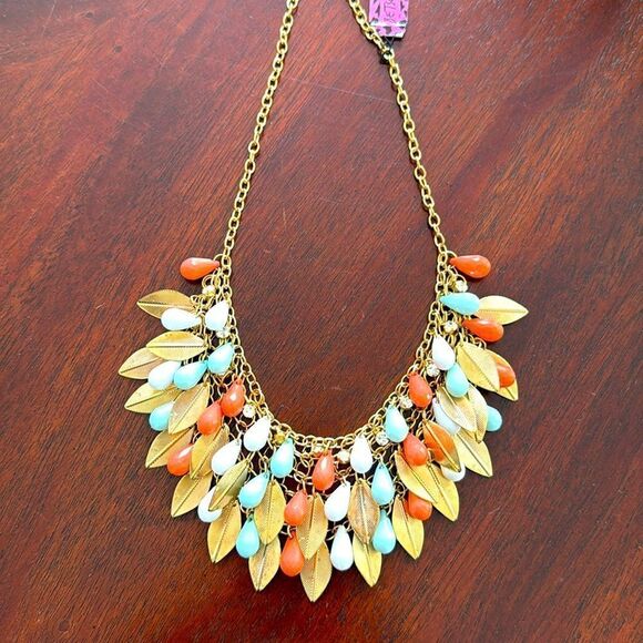 Betsey Johnson Colorful Bib Statement Necklace - Coral, Blue & White Leaves - Picture 7 of 7